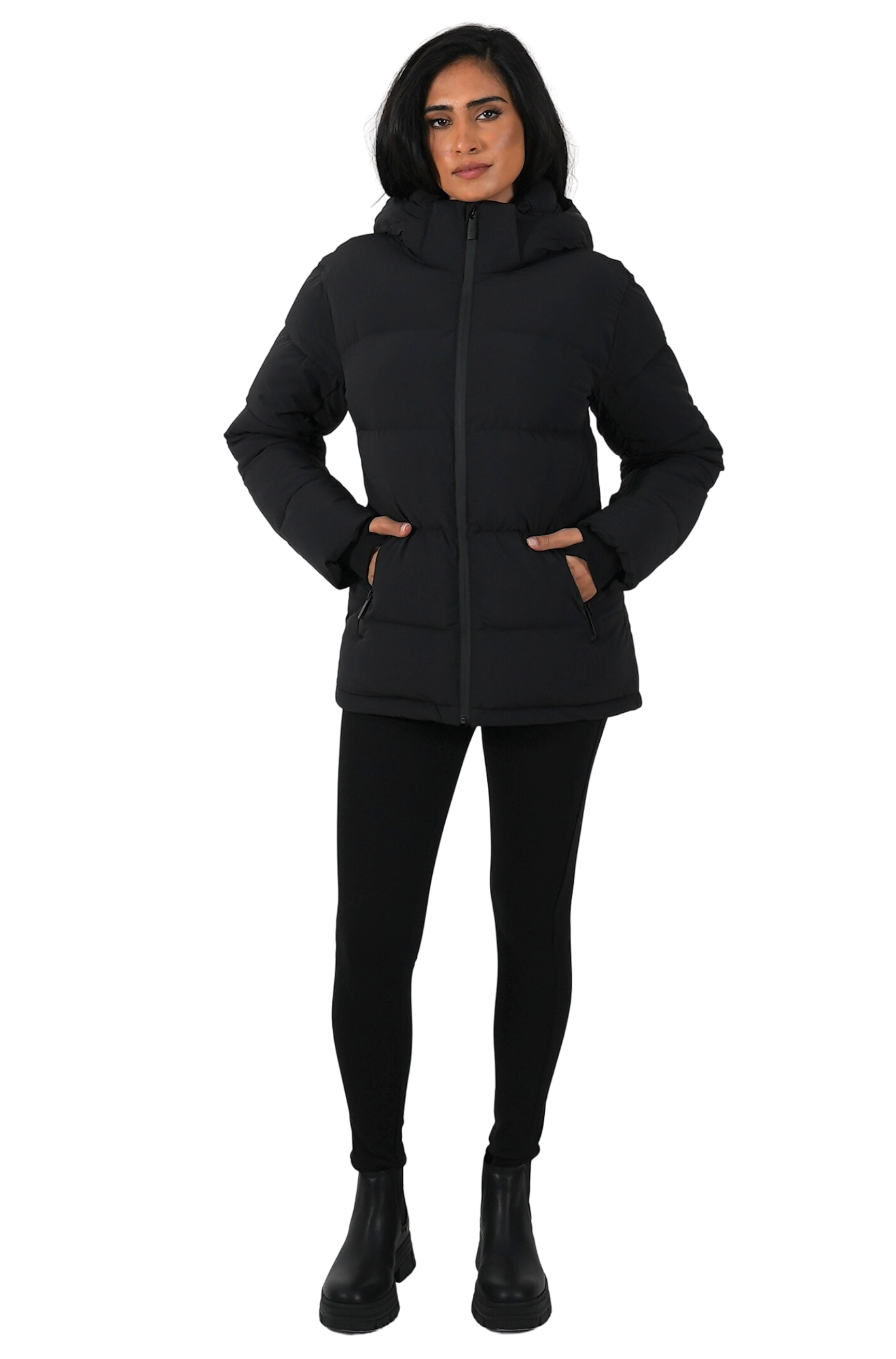 Matte black puffer jacket women's shop
