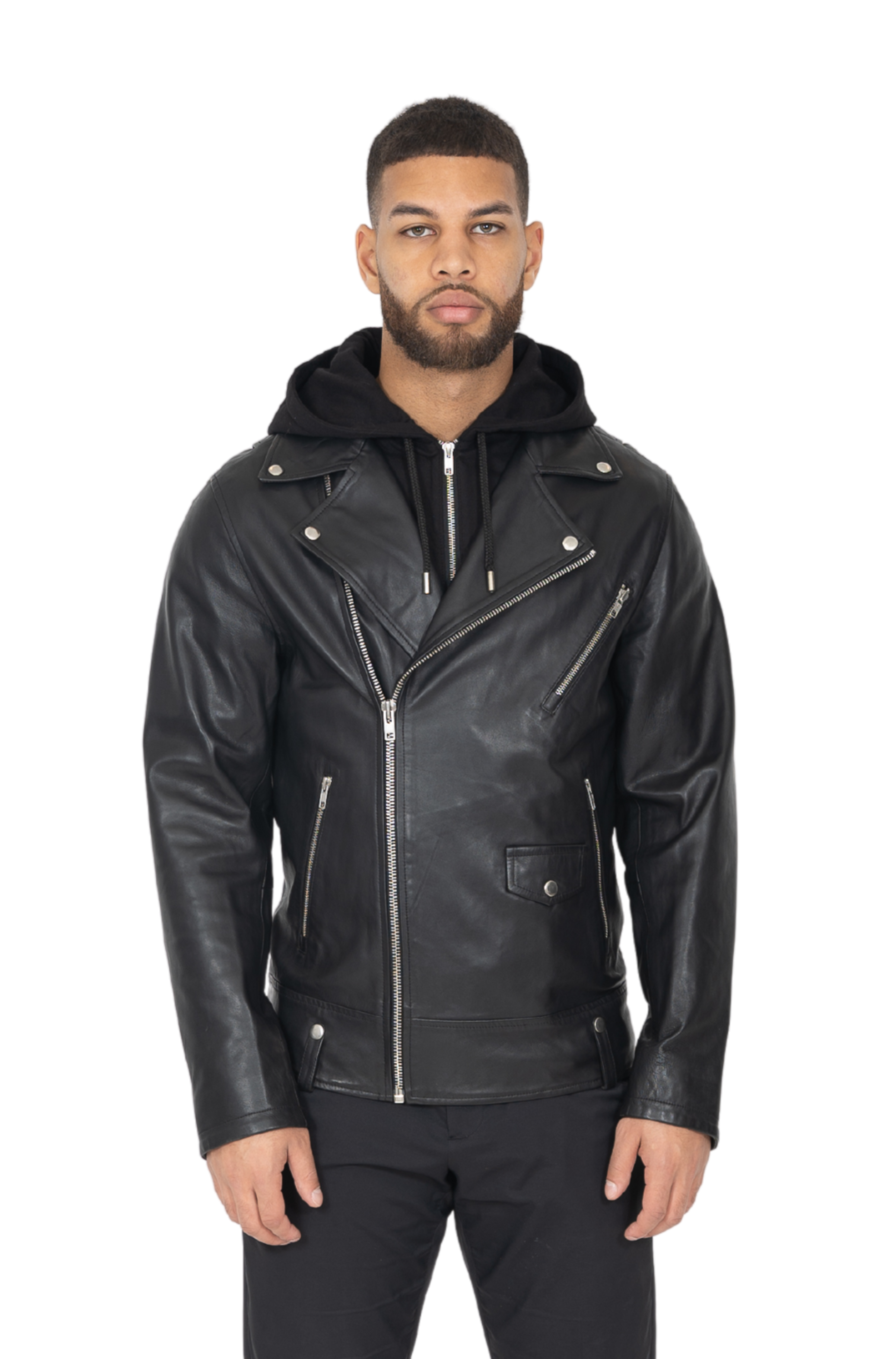 Hooded leather biker jacket deals
